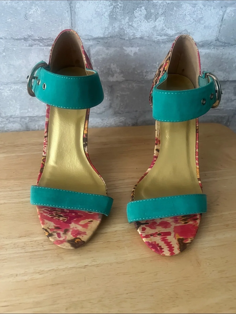 Shoe republic la Colorblock Floral Ankle-Strap High Heels in Teal and Pink
